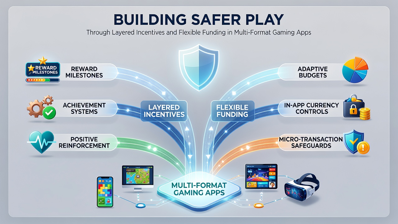 Diagram showing multi-format gaming apps with incentive layers and adjustable funding controls