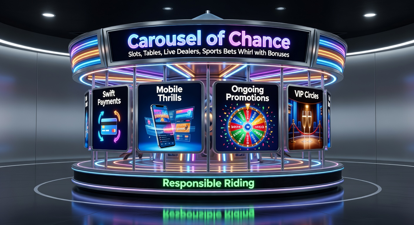 Vibrant carousel wheel featuring slot reels, card tables, live dealer setups, sports betting odds, bonus icons, mobile screens, VIP lounges, and safety shields in a dynamic online gaming collage
