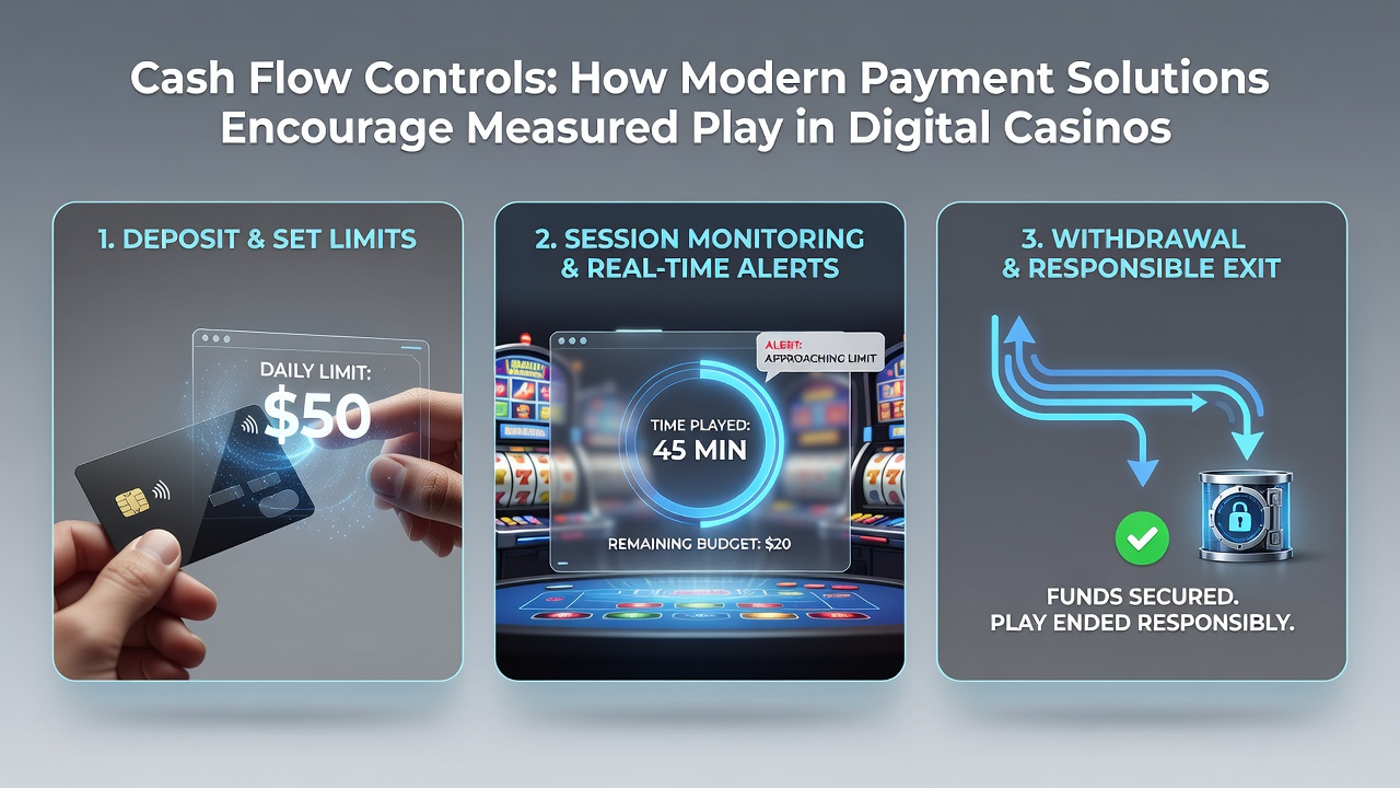 Mobile screen showing cash flow dashboard with deposit limits applied to casino games and sports betting