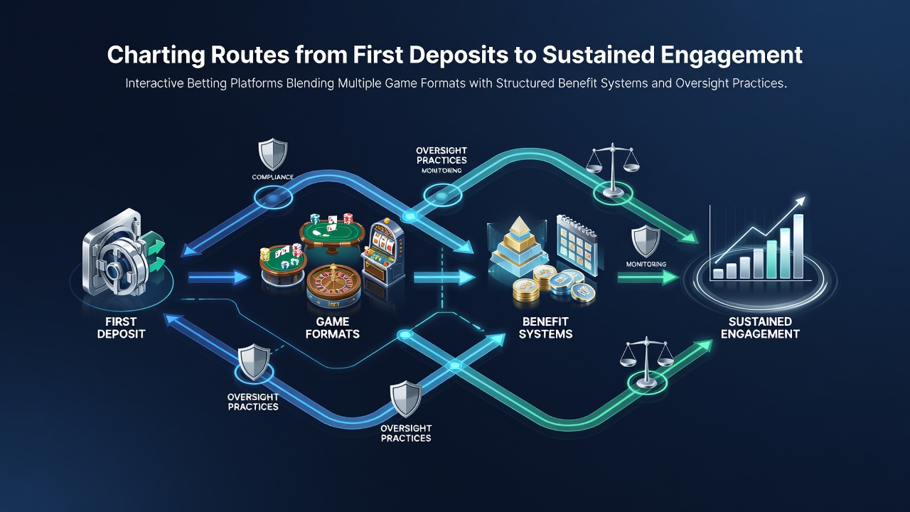 Illustration of user journey from deposit to sustained engagement on a multi-format betting platform showing interconnected game types and reward structures