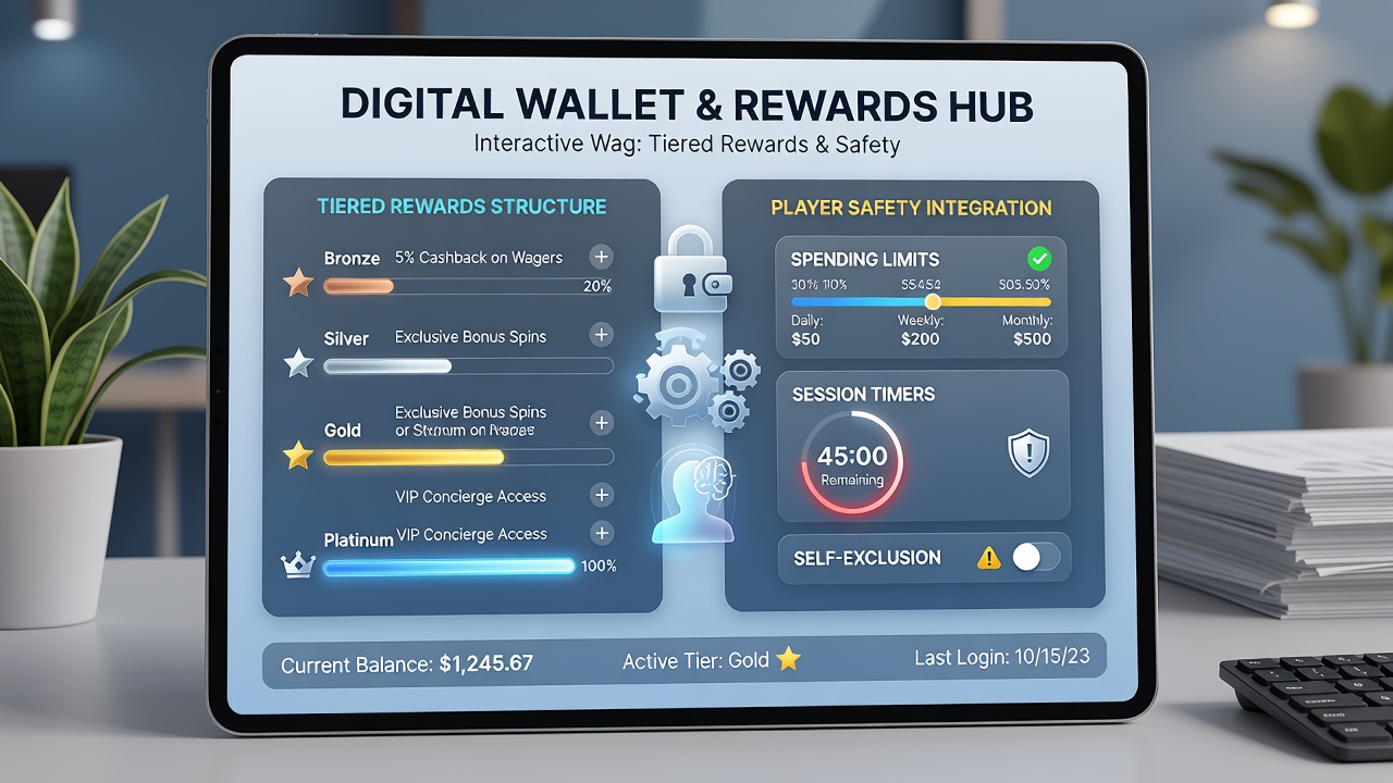 Illustration of secure digital wallet transactions linking rewards tiers with player protection settings