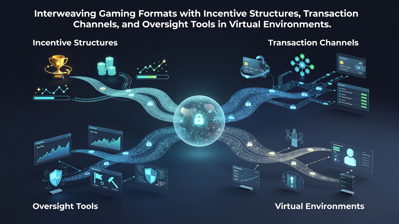Illustration of interconnected virtual gaming elements including slots, tables, payments, and oversight tools