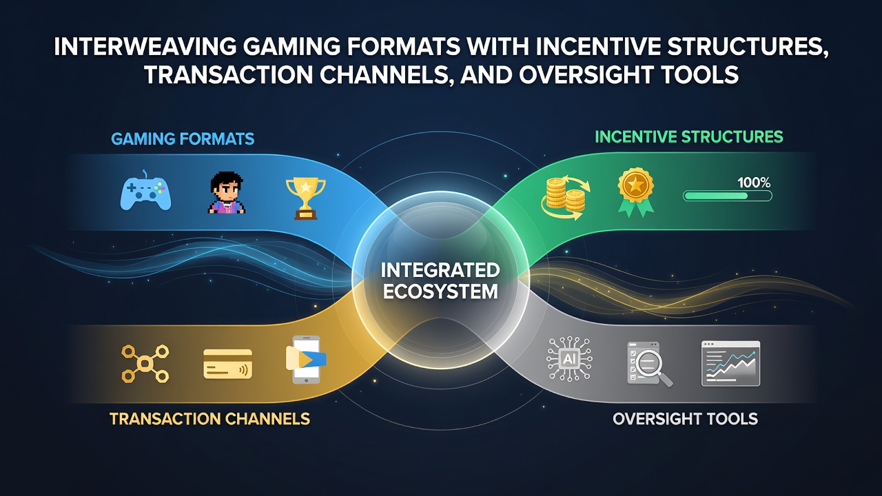 Diagram showing transaction flows and oversight mechanisms in virtual gaming environments