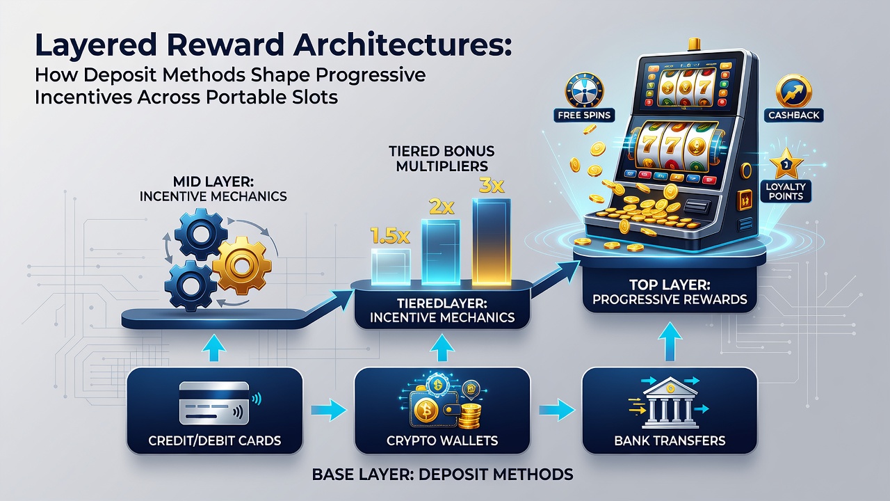 Diagram showing how deposit methods connect reward layers across slots, tables, live streams and sports markets with built-in safeguards