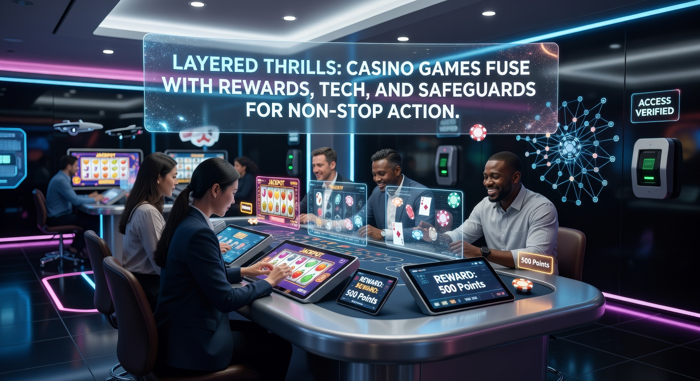 Vibrant casino floor showing layered digital screens with games, rewards notifications, and tech interfaces blending seamlessly for immersive player experiences