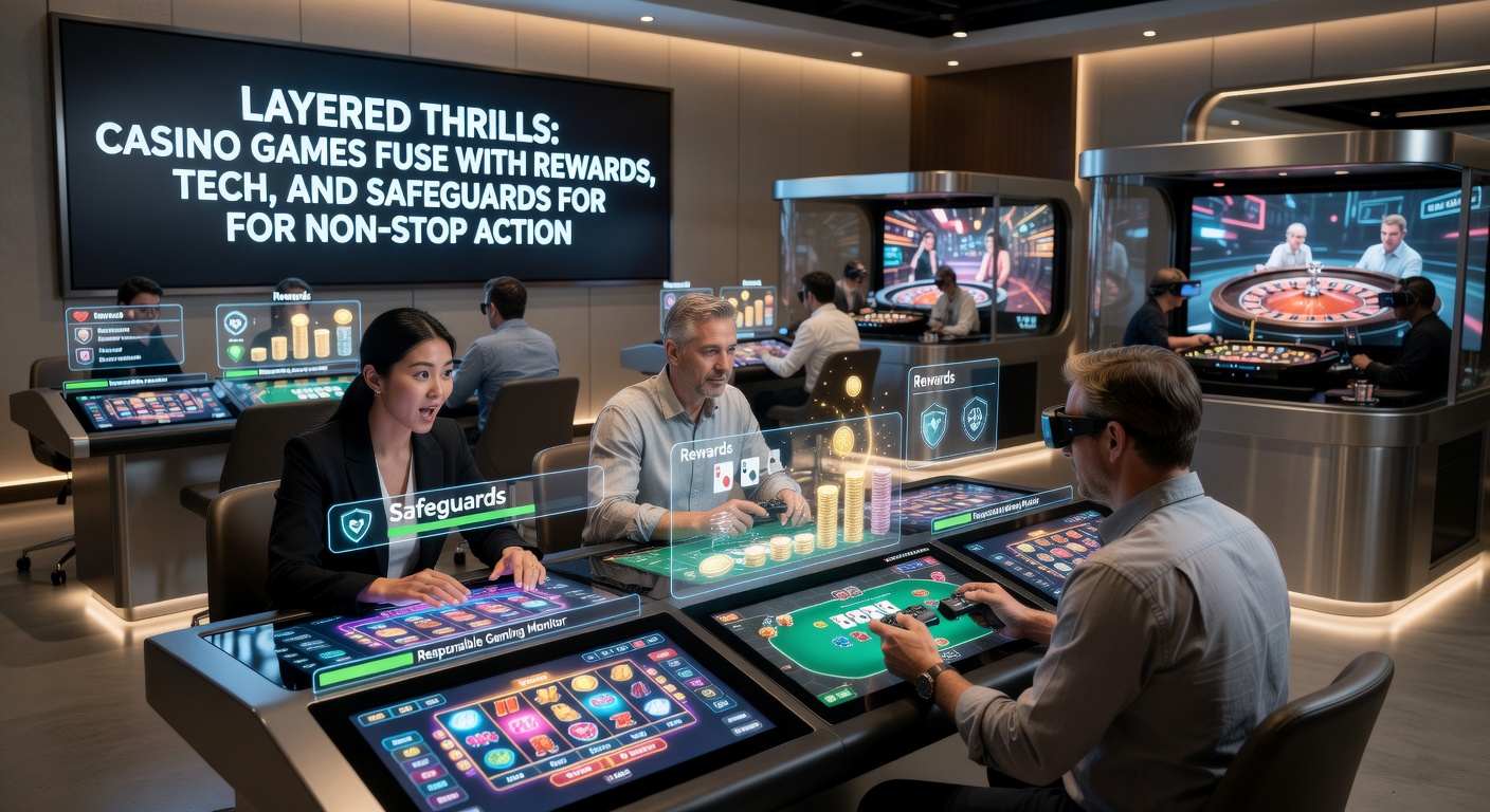 Close-up of a mobile device screen displaying a multi-layered casino interface with slot reels spinning, reward meters filling, tech notifications popping, and safeguard icons active for secure, thrilling play