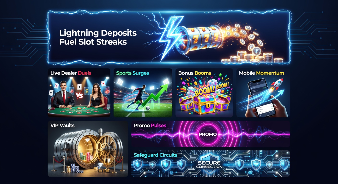 Dynamic graphic showing lightning bolts striking casino icons like slots, cards, sports balls, and shields, symbolizing fast deposits powering online gaming features