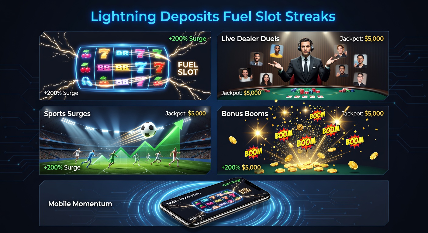 Vibrant scene of a live dealer table with sports betting overlays, bonus icons exploding, and mobile devices in action, connected by lightning deposit streams
