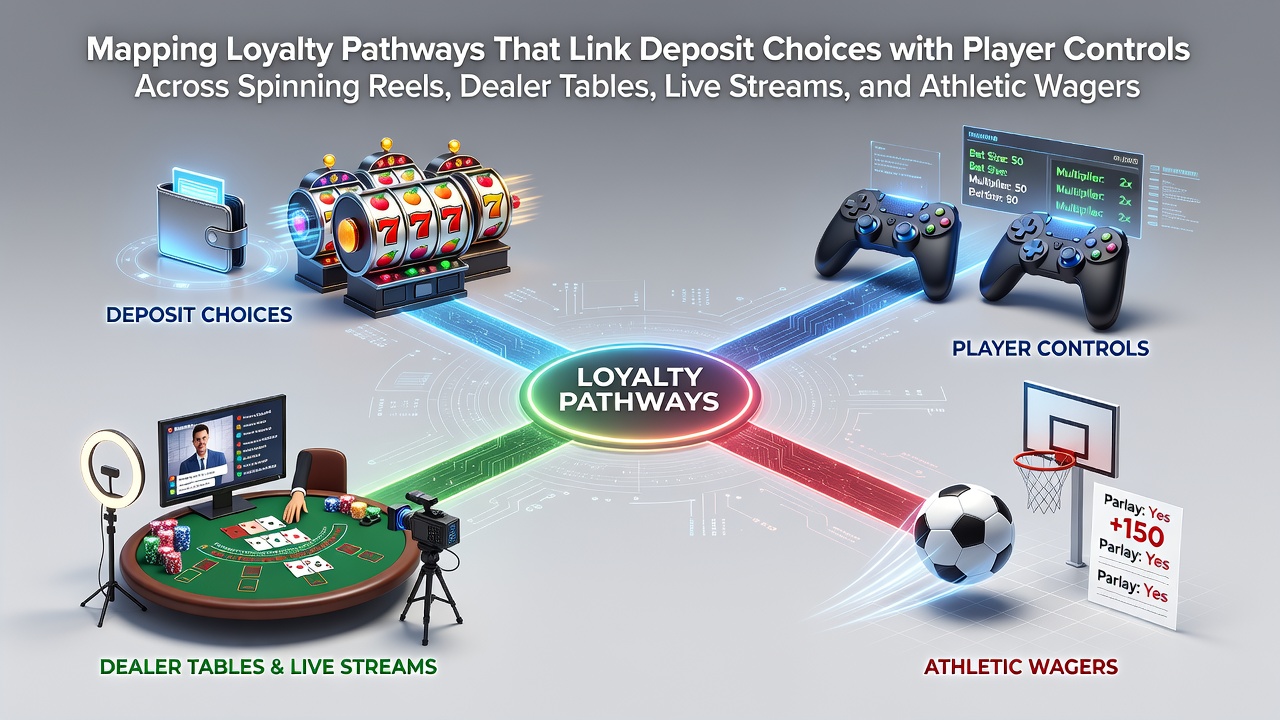 Diagram illustrating loyalty pathways connecting deposit methods to player controls in slots, tables, live streams, and sports wagering