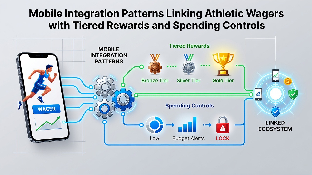 Mobile app dashboard displaying integrated sports betting, reward tiers, and spending limit controls