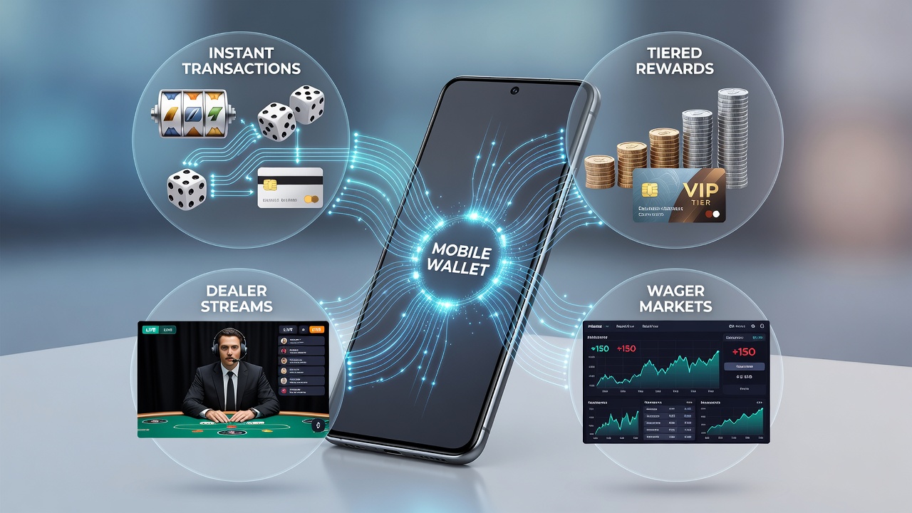 Mobile wallet interface showing instant deposits into casino games with reward points accumulating across slots and live tables
