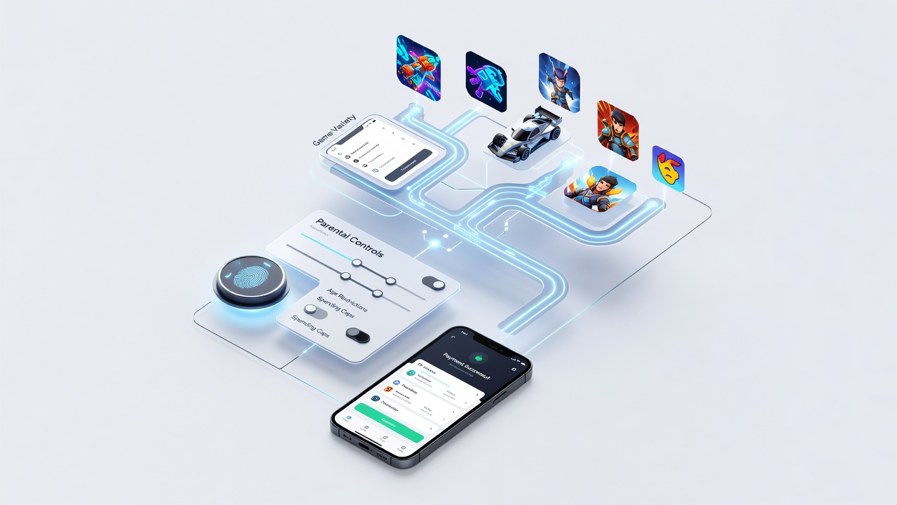 Mobile app interface showing diverse game options connected to payment and control features