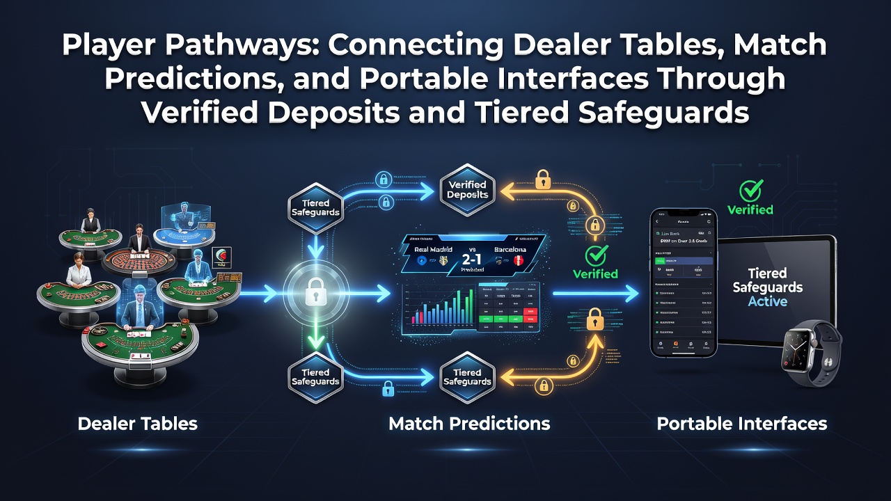 Illustration of integrated player pathways connecting live dealer tables, sports predictions, and mobile interfaces via secure deposits
