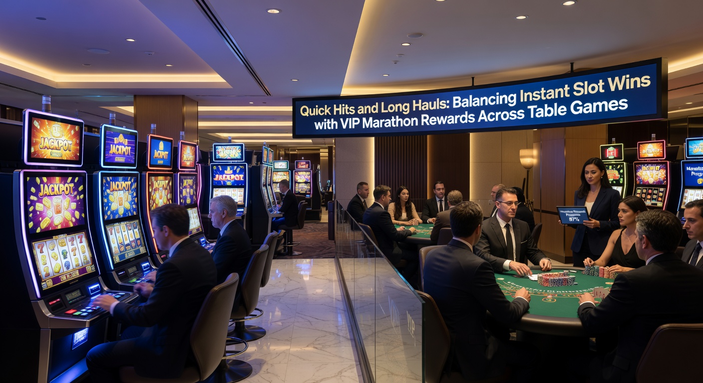 Vibrant casino floor blending slot machines, roulette tables, live dealer streams, and sports betting screens, capturing the mix of instant wins and long-term player journeys