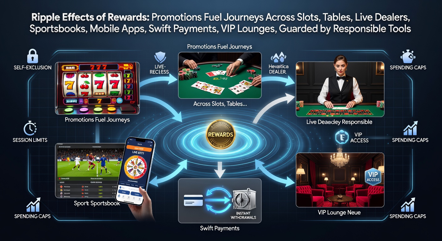 Vibrant graphic showing reward promotions rippling outward across casino games, betting platforms, mobile devices, payment streams, VIP zones, and protective tools