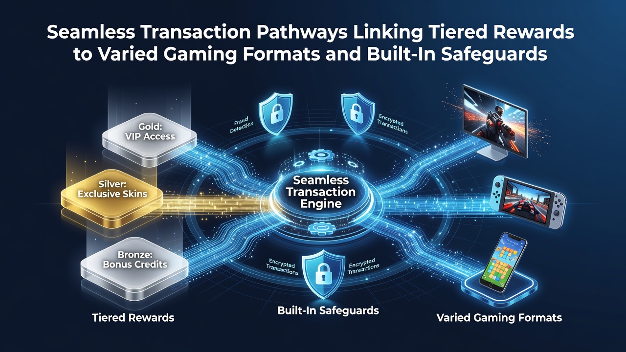 Diagram showing integrated payment flows across slots, tables and sports betting with reward tiers and safety checkpoints