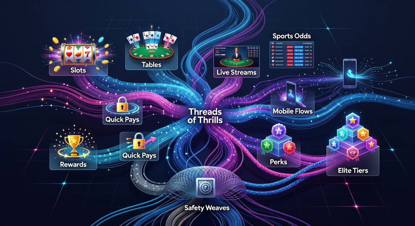 Vibrant digital casino interface showing slots, tables, live streams, and sports odds intertwined with reward icons and secure payment flows