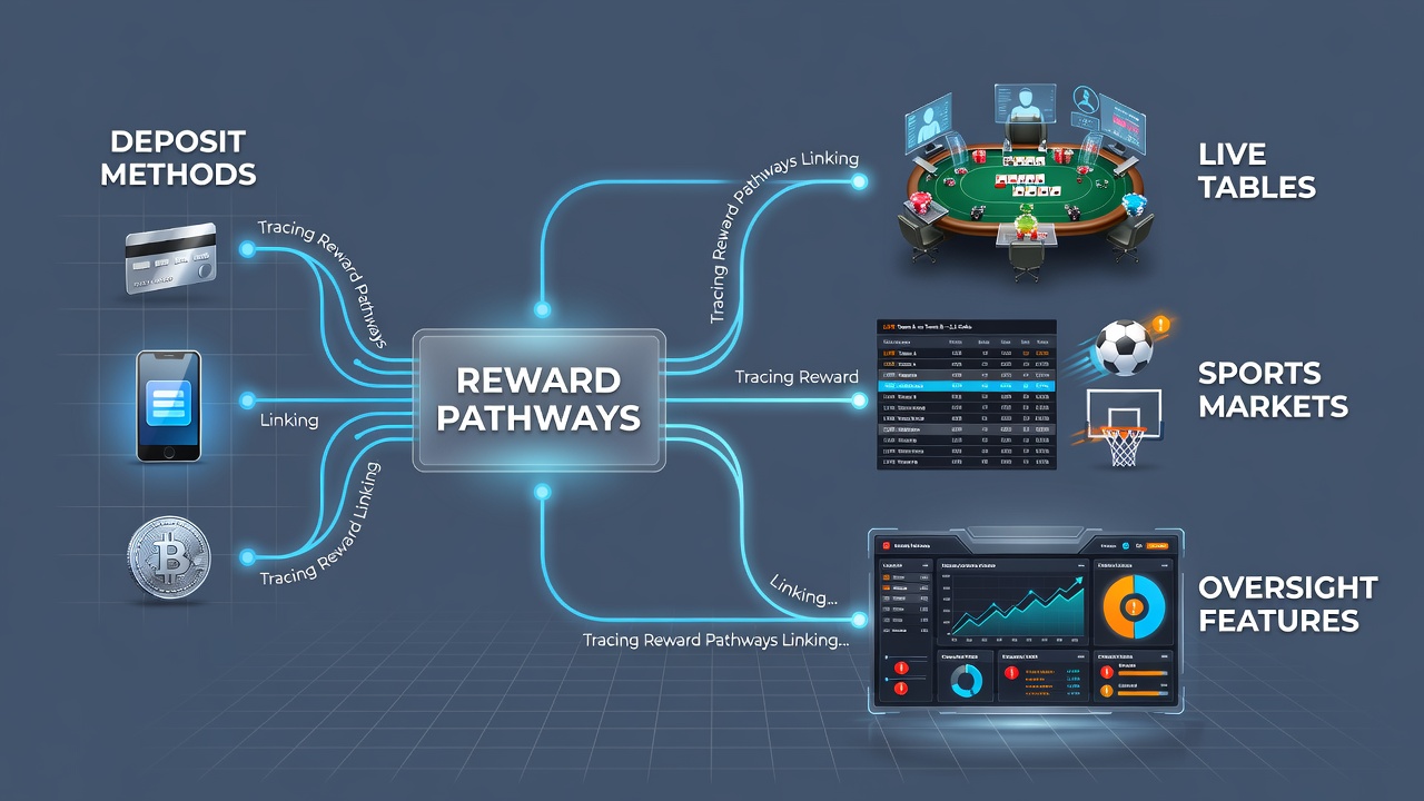 Diagram showing deposit methods flowing into reward pathways for casino tables and sports betting