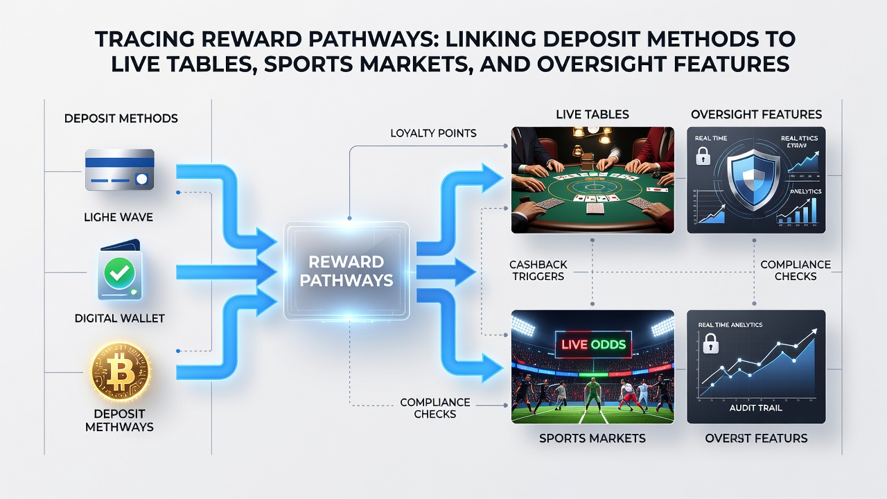 Flowchart illustrating oversight systems monitoring reward pathways from deposits to live tables and sports markets