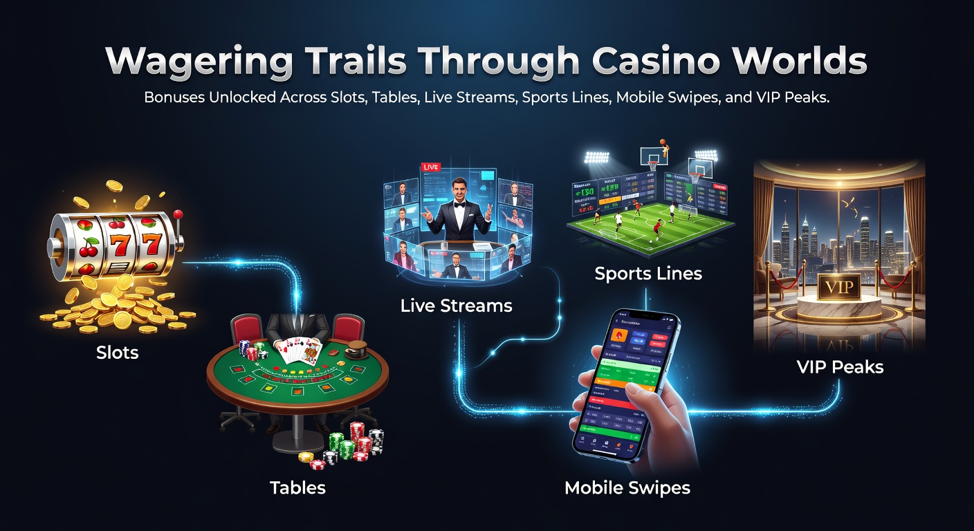 Vibrant digital casino landscape showing slots, roulette tables, live dealer streams, sports betting interfaces, mobile screens, and VIP lounges interconnected by glowing wagering trails