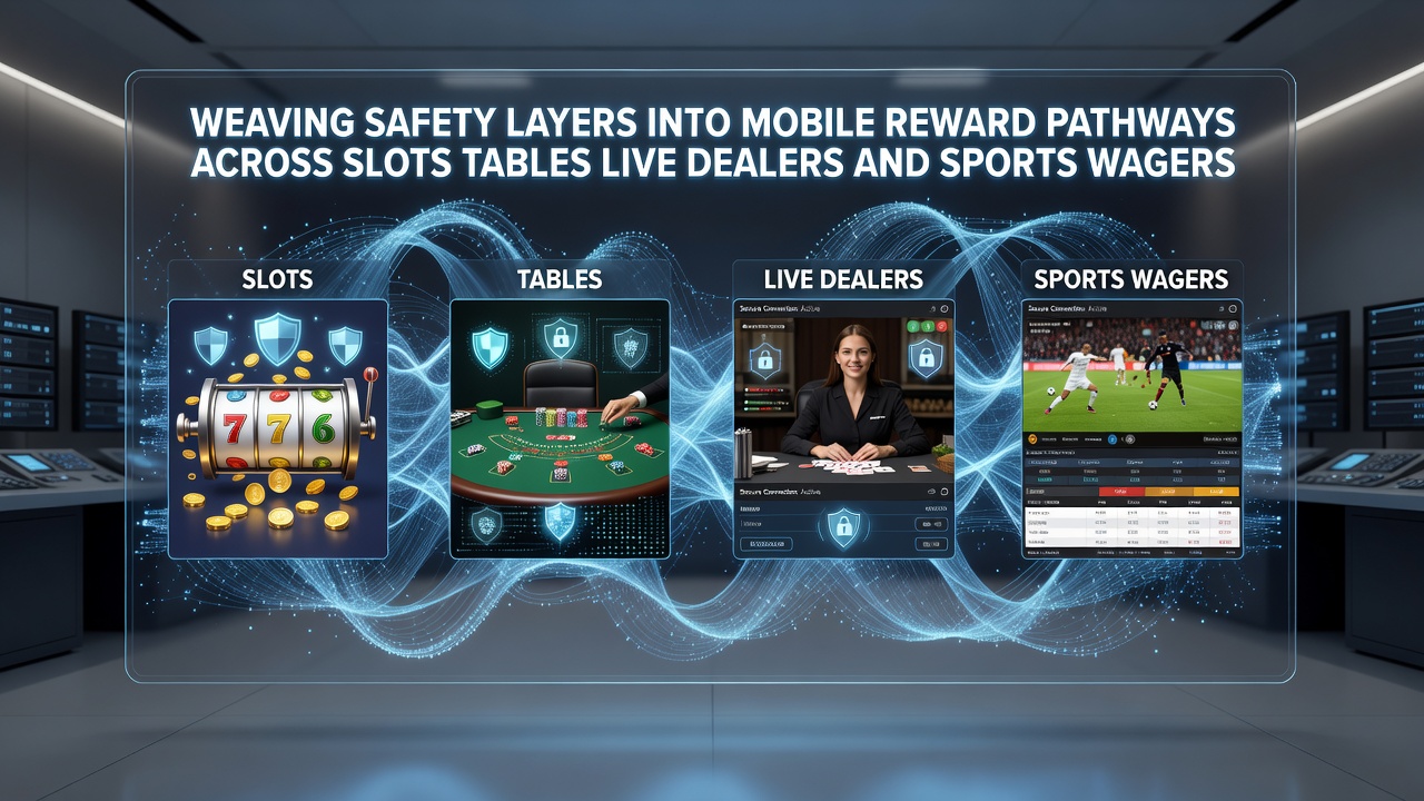 Mobile device displaying integrated safety layers and reward pathways for slots, tables, live dealers, and sports wagers