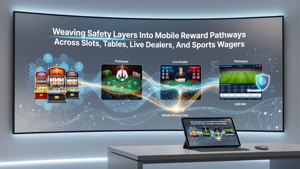 Illustration of safety checkpoints within mobile reward systems linking slots, live dealers, tables, and sports betting